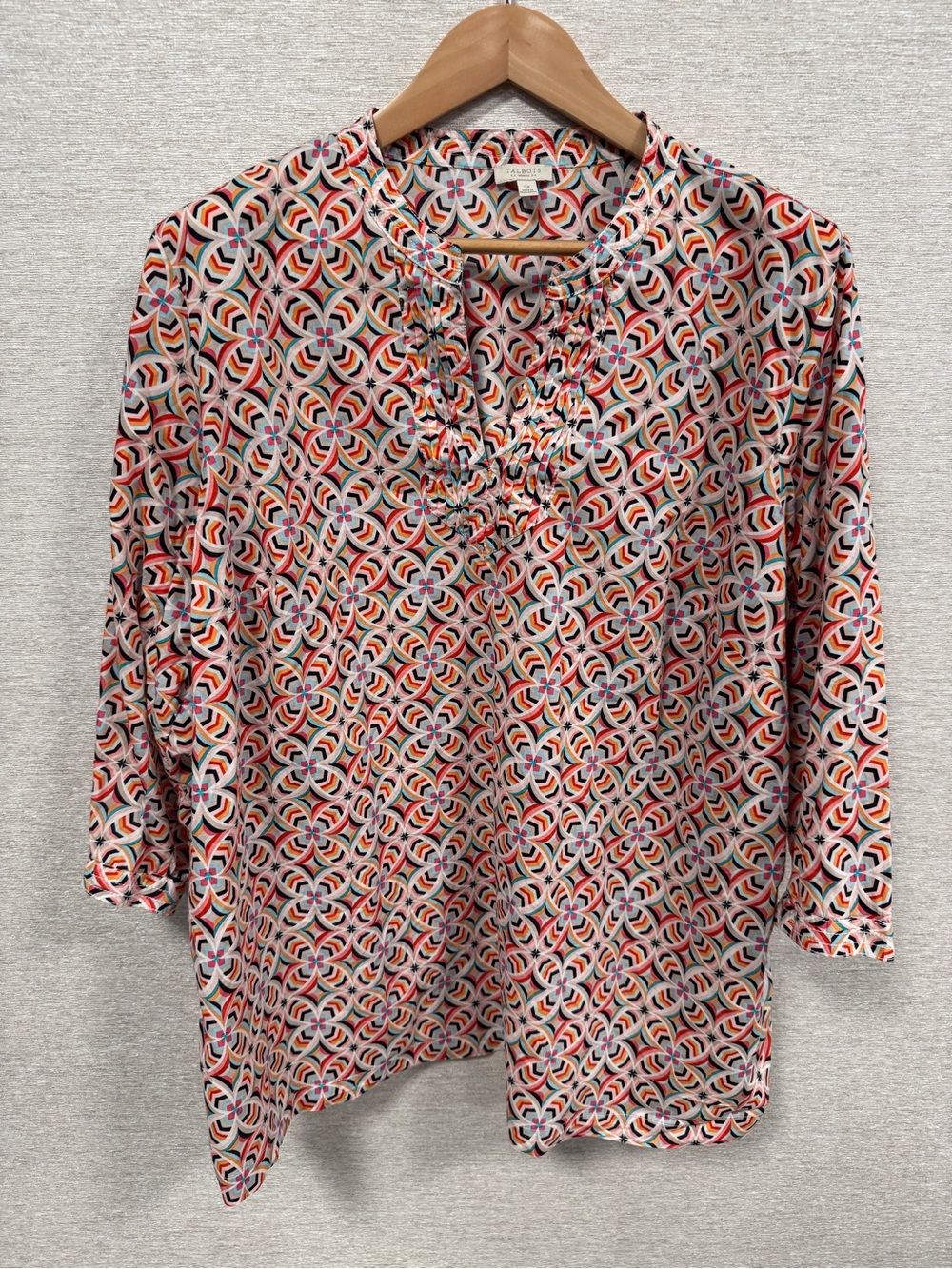 Talbots Coral Pink Multi Geometric Ruffle-Trim Blouse